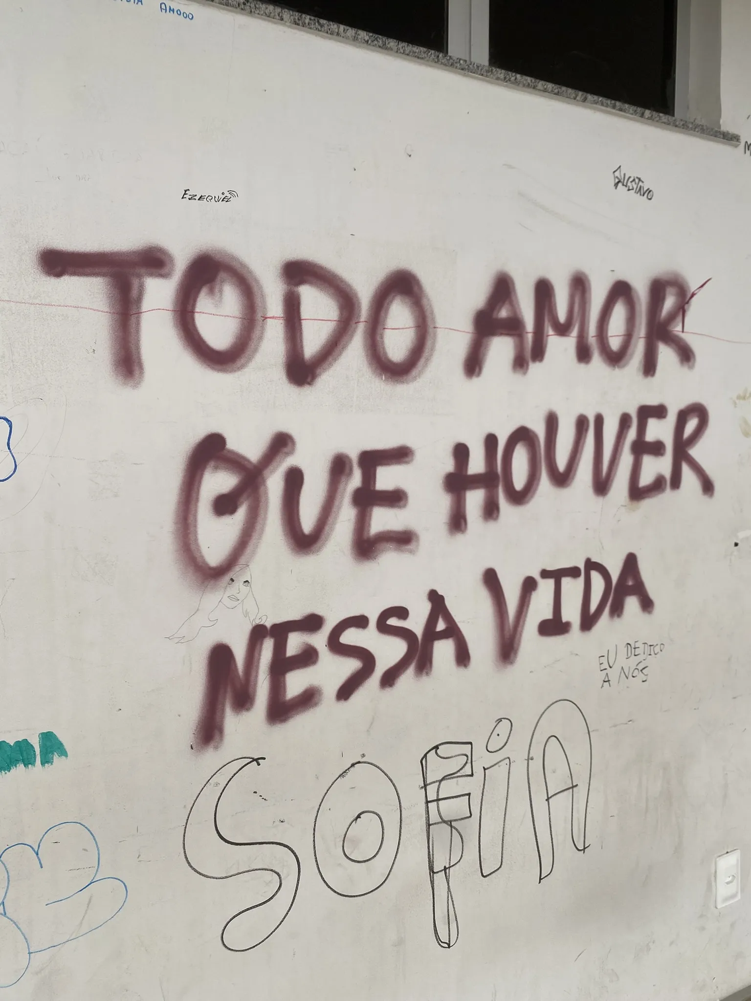 A imagem apresenta uma parede branca com diversas intervenções de grafite e pichação, destacando-se a frase central "TODO AMOR QUE HOUVER NESSA VIDA" escrita em letras grandes e arredondadas com spray bordô.