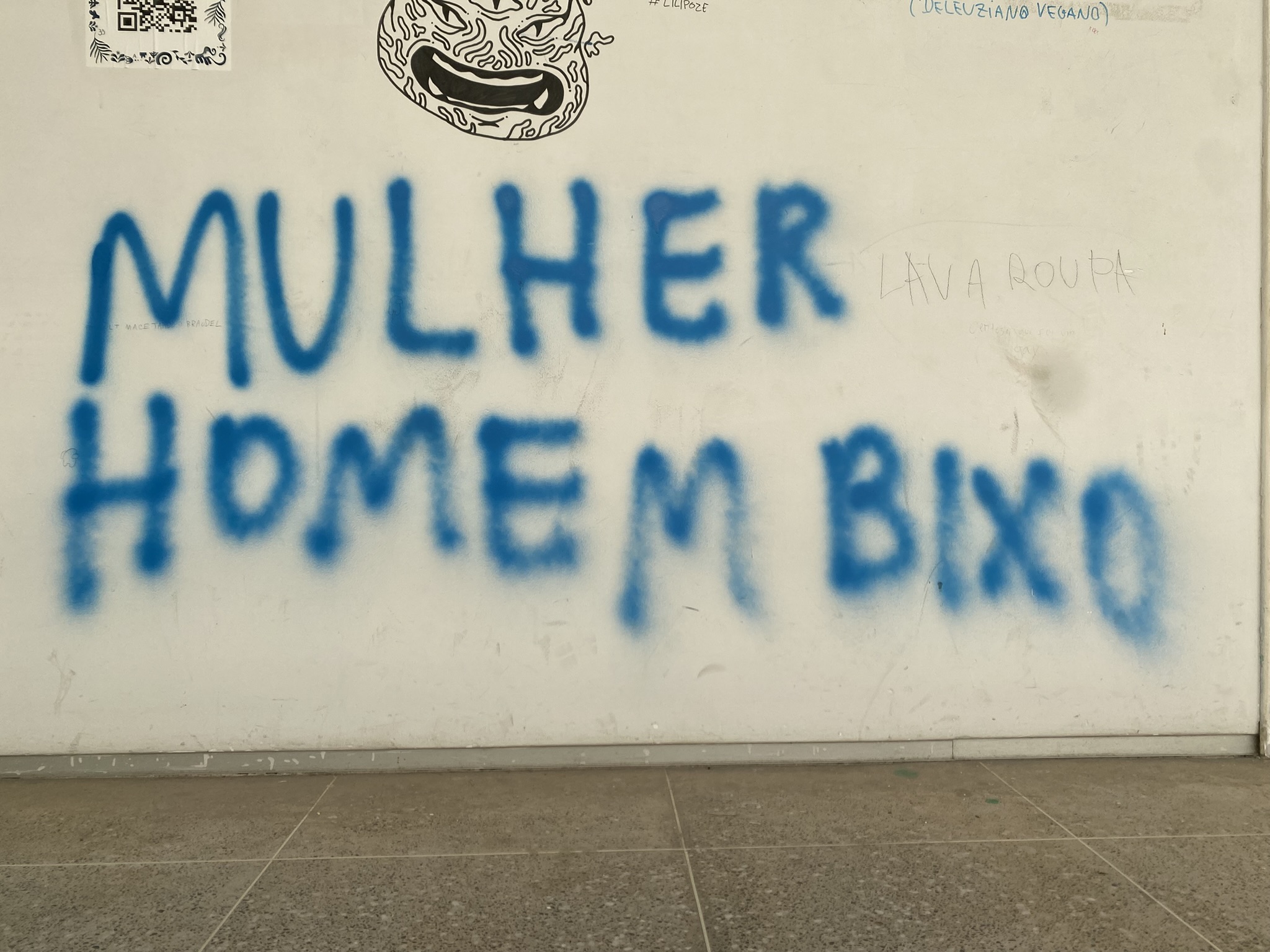 A imagem apresenta uma parede branca com diversas pichações, destacando-se a frase "MULHER HOMEM BIXO" escrita em letras grandes e azuis feitas com spray.
