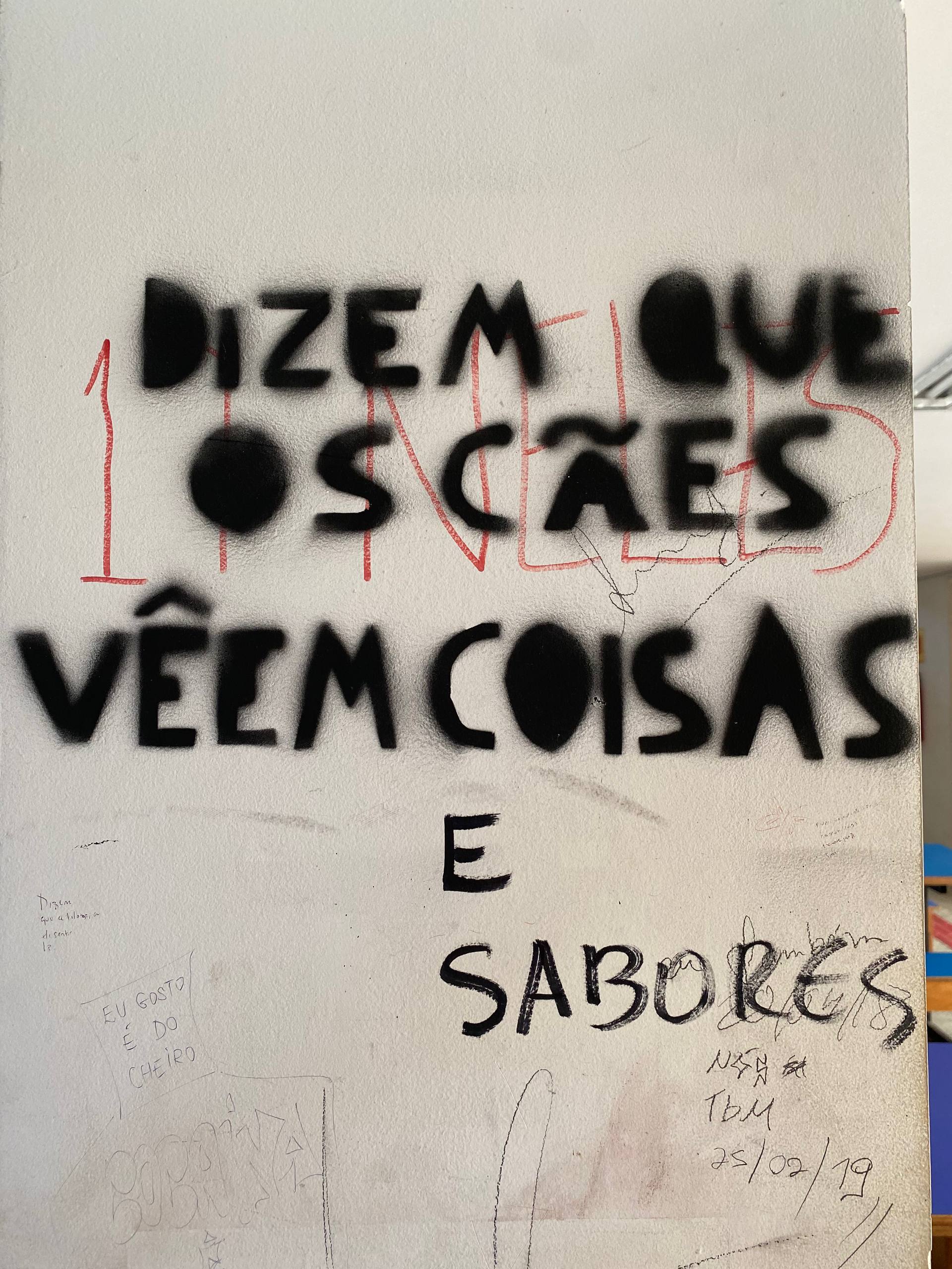 A imagem apresenta uma parede branca com uma frase pichada em spray preto, utilizando a técnica de estêncil para as primeiras palavras: "DIZEM QUE OS CÃES VÊEM COISAS". Abaixo, a frase é complementada de forma manuscrita com "E SABORES".