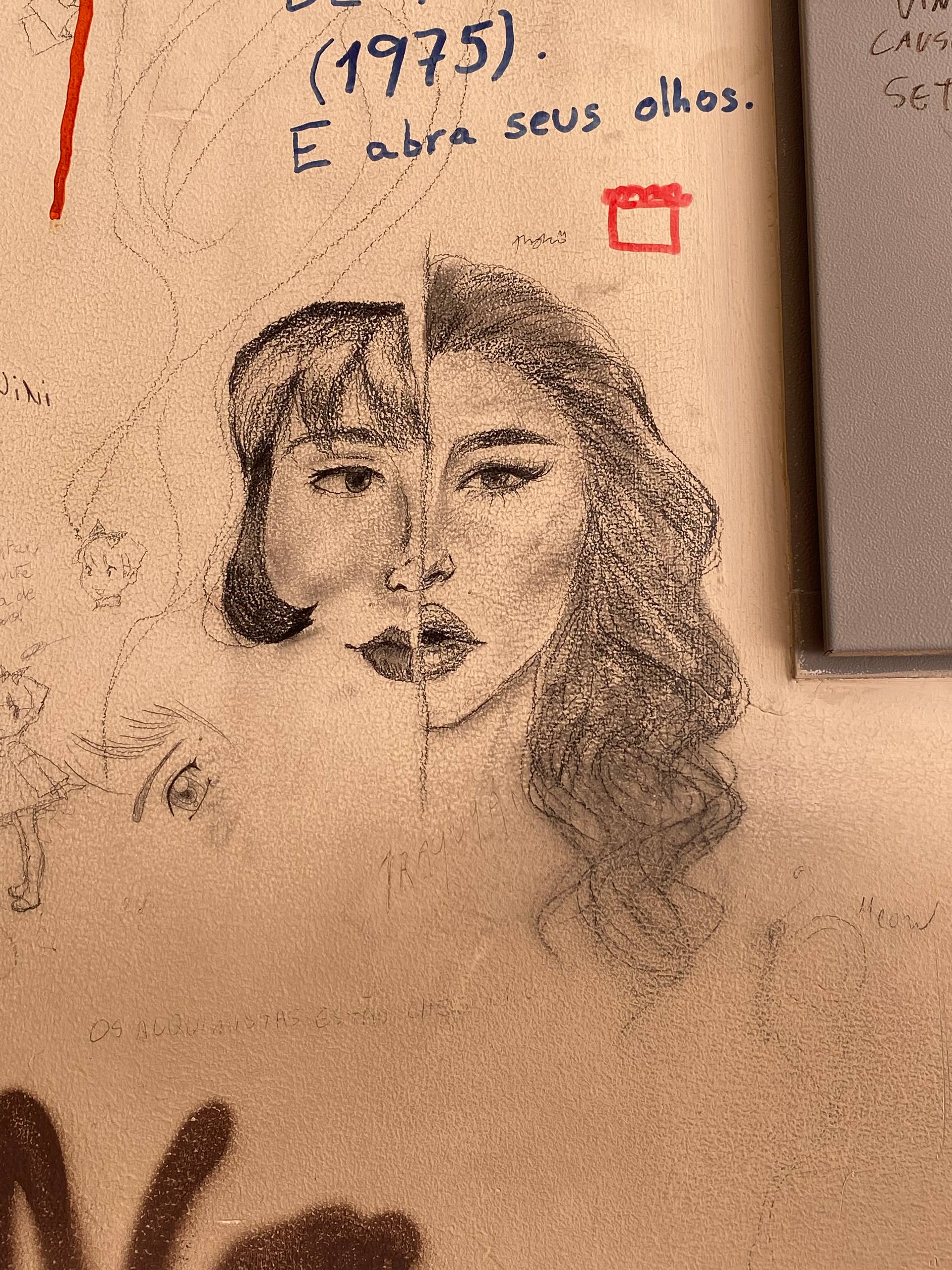 A imagem apresenta um desenho a lápis de um rosto humano dividido verticalmente ao meio. O lado esquerdo mostra feições mais suaves com cabelo curto e franja, enquanto o lado direito exibe traços mais marcantes, maquiagem no olho e cabelo longo e ondulado.
