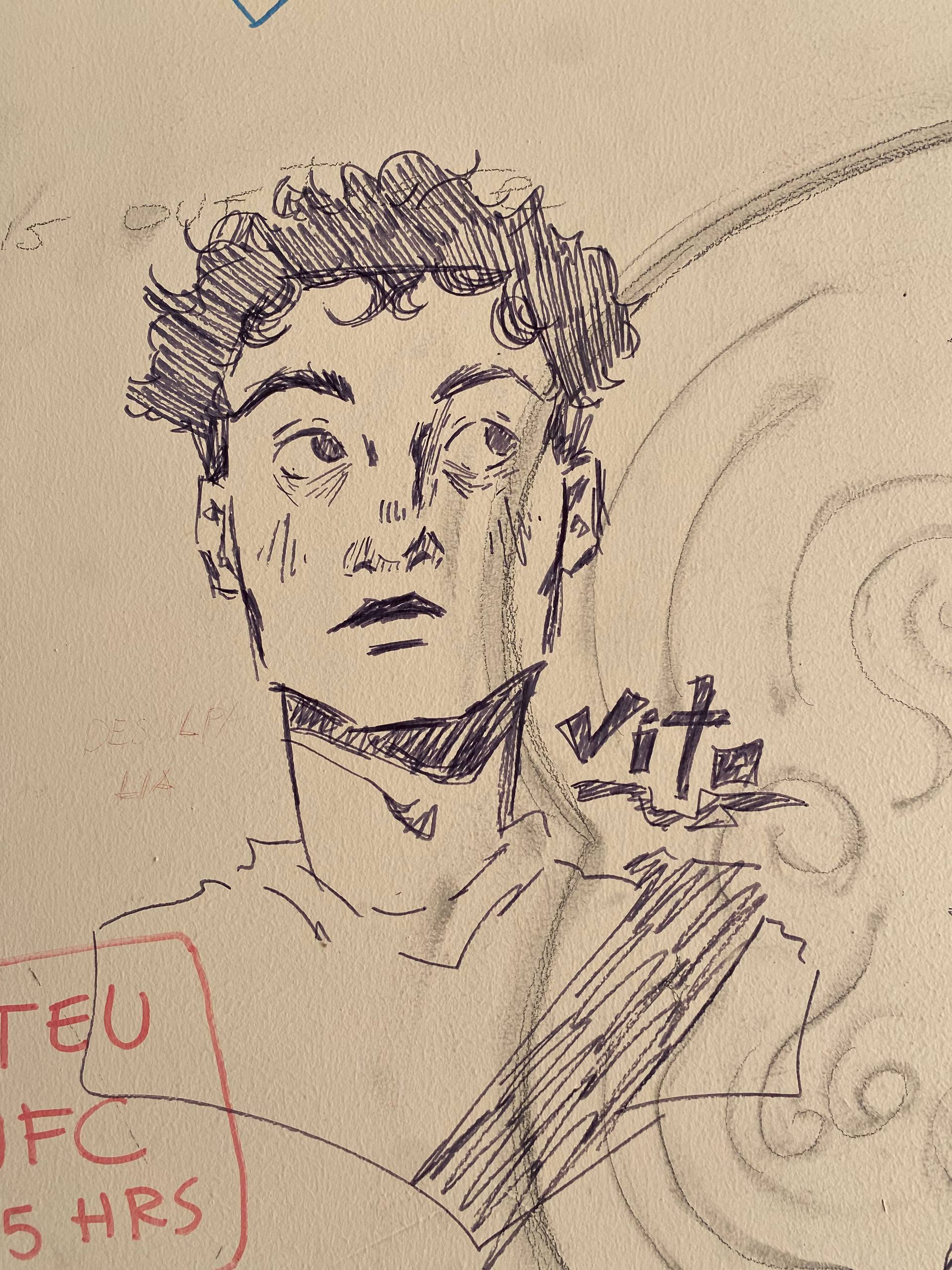 A imagem apresenta um esboço rápido feito com caneta preta retratando o busto de um jovem com cabelos curtos e cacheados, olhando para o lado. Ao lado do pescoço, está escrito o nome "Vito" em letras estilizadas com um sublinhado em forma de raio.