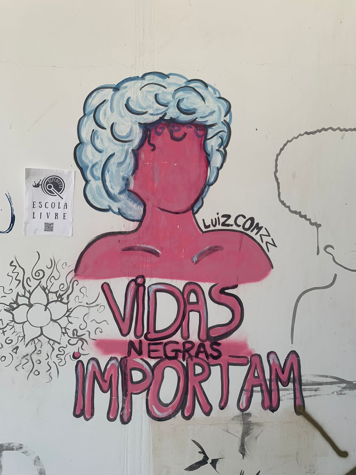 Graffiti na parede branca com a frase ativista "VIDAS NEGRAS IMPORTAM". Acima, o desenho de um busto com a pele rosa-choque e cabelo grande e crespo em azul-claro e branco, assinado como "Luizcomzz". A frase principal está em letras grandes, com "VIDAS" e "IMPORTAM" em branco e contorno rosa-claro, e "NEGRAS" em preto sobre uma tarja rosa-choque.