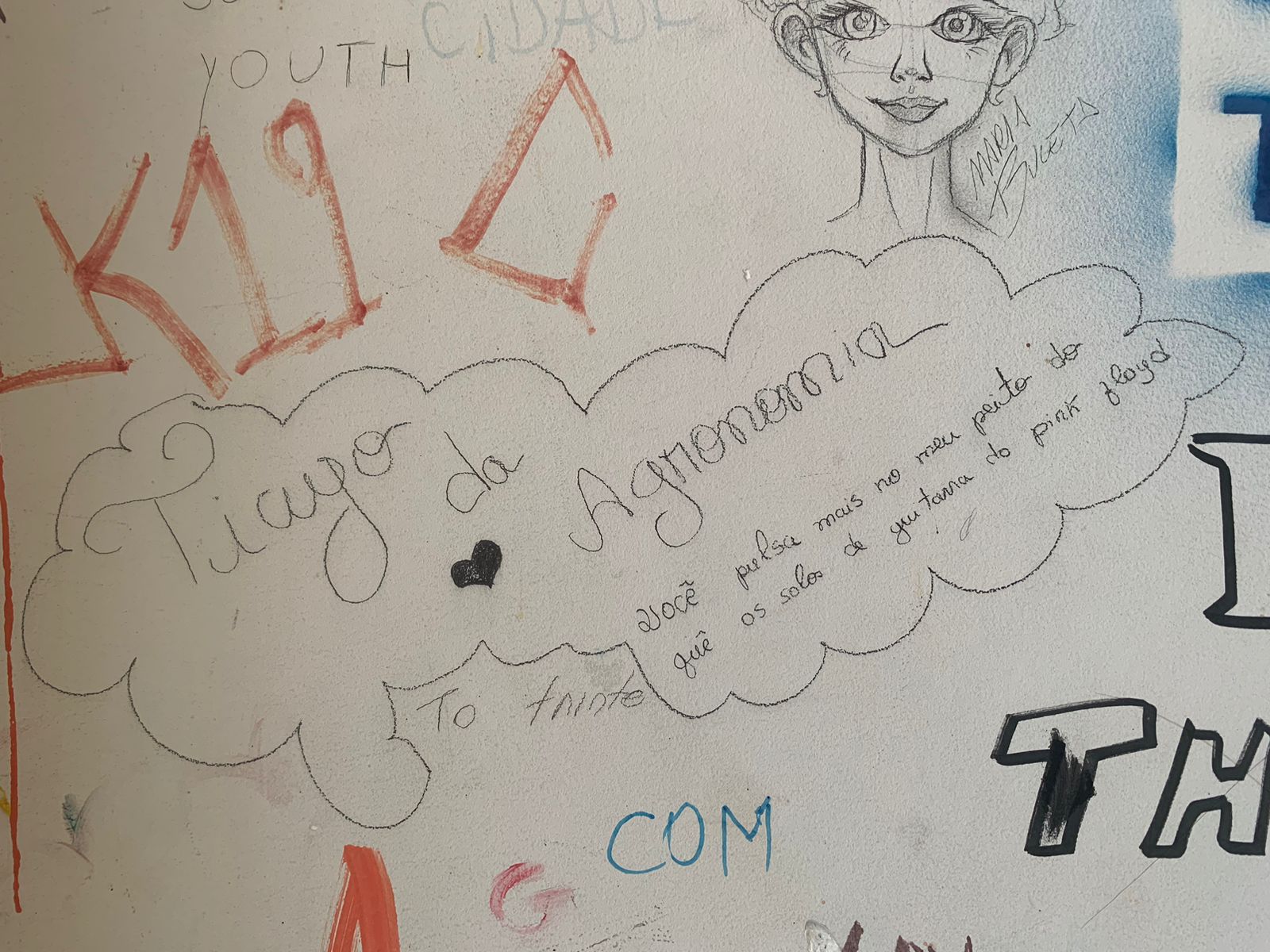 Na parede branca coberta de grafites, o elemento principal é uma declaração de afeto manuscrita dentro de um contorno em forma de nuvem. A declaração diz "Tiago da Agronomia. Você pulsa mais no meu peito do que os solos de guitarra do Pink Floyd. To triste" (com um pequeno coração preto).